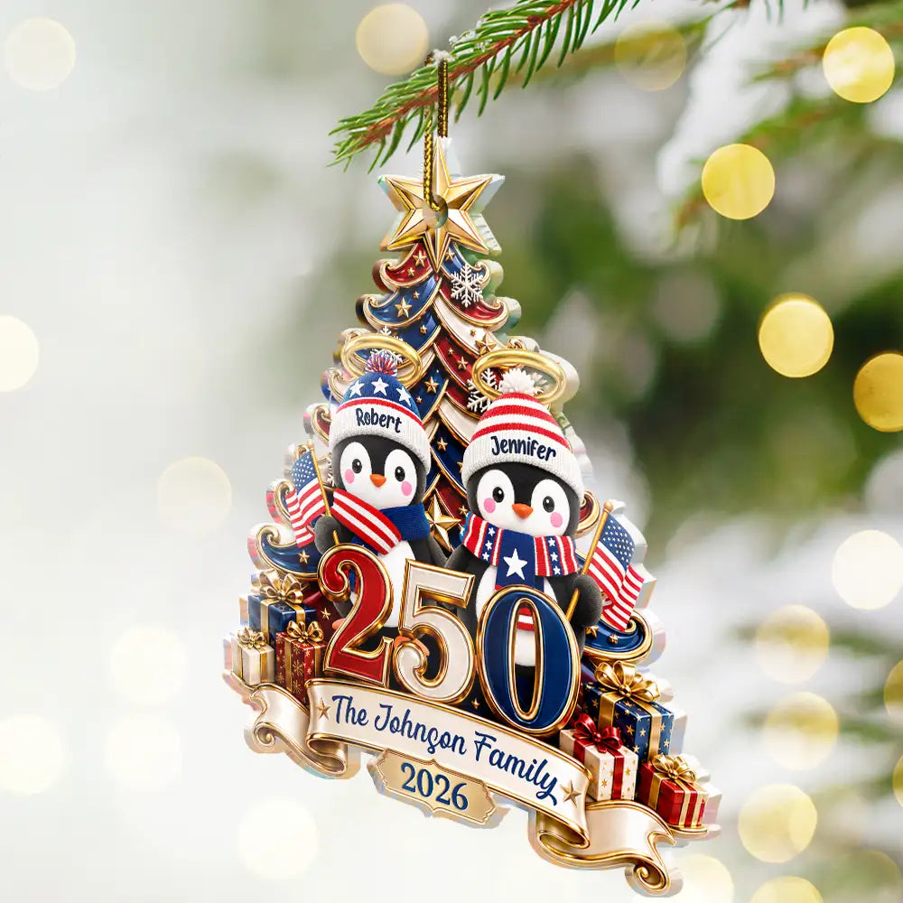 Independence Day,America 250th,Christmas,Proud,Family,Icon - America 250th Anniversary Penguin Family Christmas - Personalized Custom Shaped Acrylic Ornament
