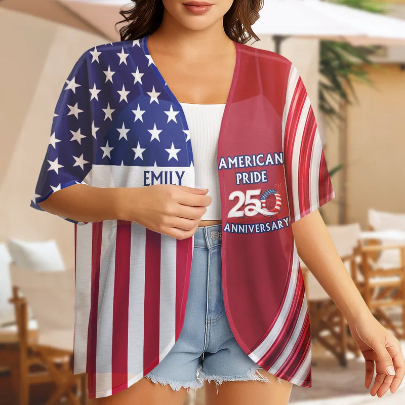 America 250th, Independence Day, Gift For Yourself, Proud, Icon - America 250th Anniversary US Pride Patriotic Eagle - Personalized Women Kimono Cardigan
