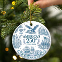Independence Day,America 250th,Christmas,Proud,Family,Custom Text - American Patriotic Christmas Toile De Jouy - Personalized Circle Ceramic Ornament