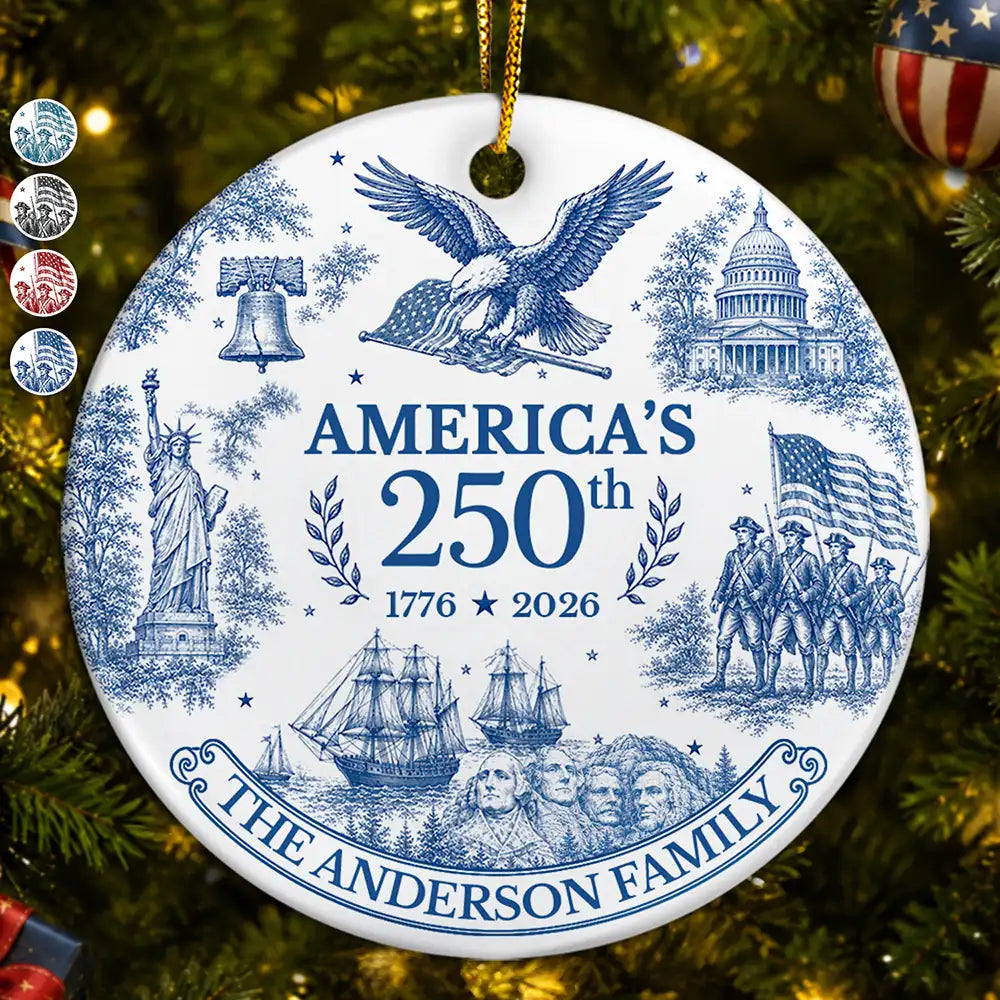 American Patriotic Christmas Toile De Jouy - Personalized Circle Ceramic Ornament