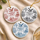 Independence Day,America 250th,Christmas,Proud,Family,Custom Text - American Patriotic Christmas Toile De Jouy - Personalized Circle Ceramic Ornament