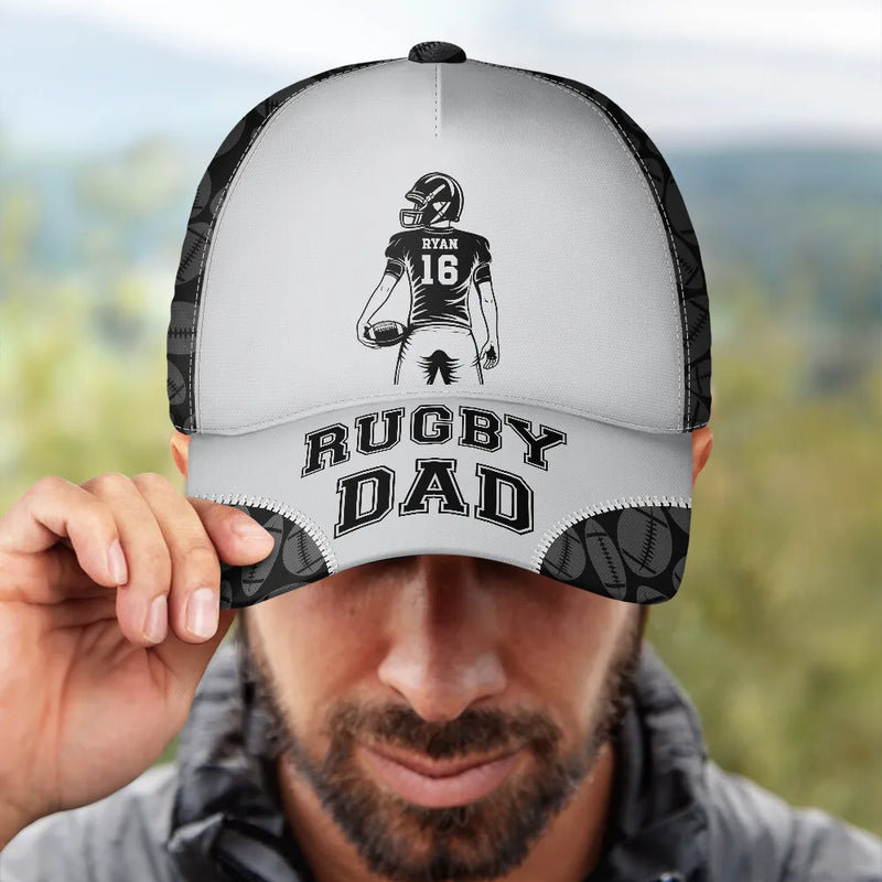 Gift For Father,Gift For Grandpa,Football,Non-Eng,Icon,Confident - American Football Dad Papa Kids Backside Line Art - Personalized Classic Cap