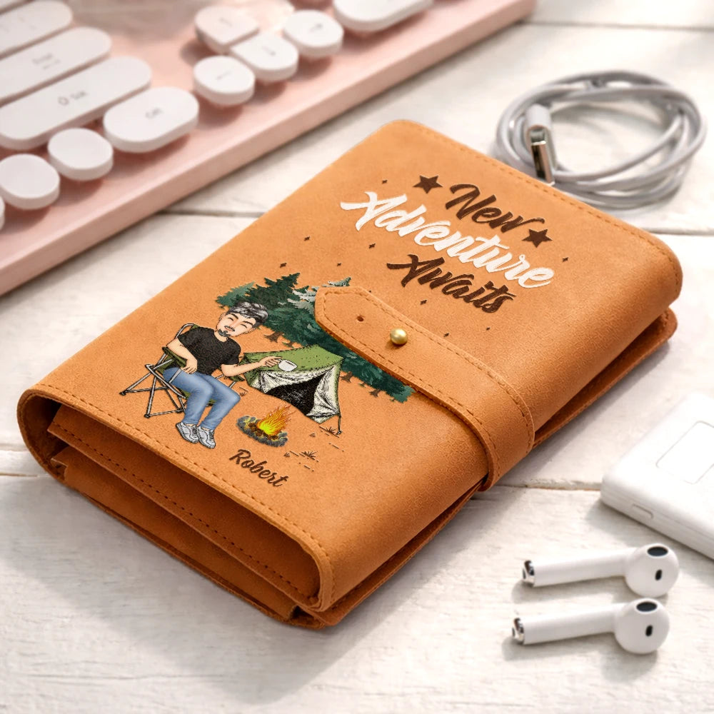 Camping, Gift For Women, Gift For Men, Happy - And So The Adventure Awaits - Personalized Leather Cable Bag