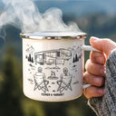 Camping,Campsite,Gift For Couples,Couple's Hobby,Happy - And So The Adventure Begins - Personalized Enamel Mug