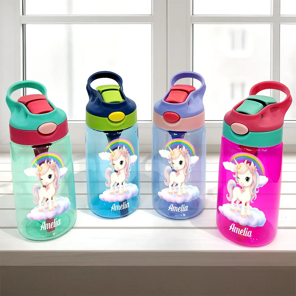 Gift For Kids,Gift For Grandkids,Happy,Back To School - Animal With Kid's Name - Personalized Kids Water Bottle With Straw