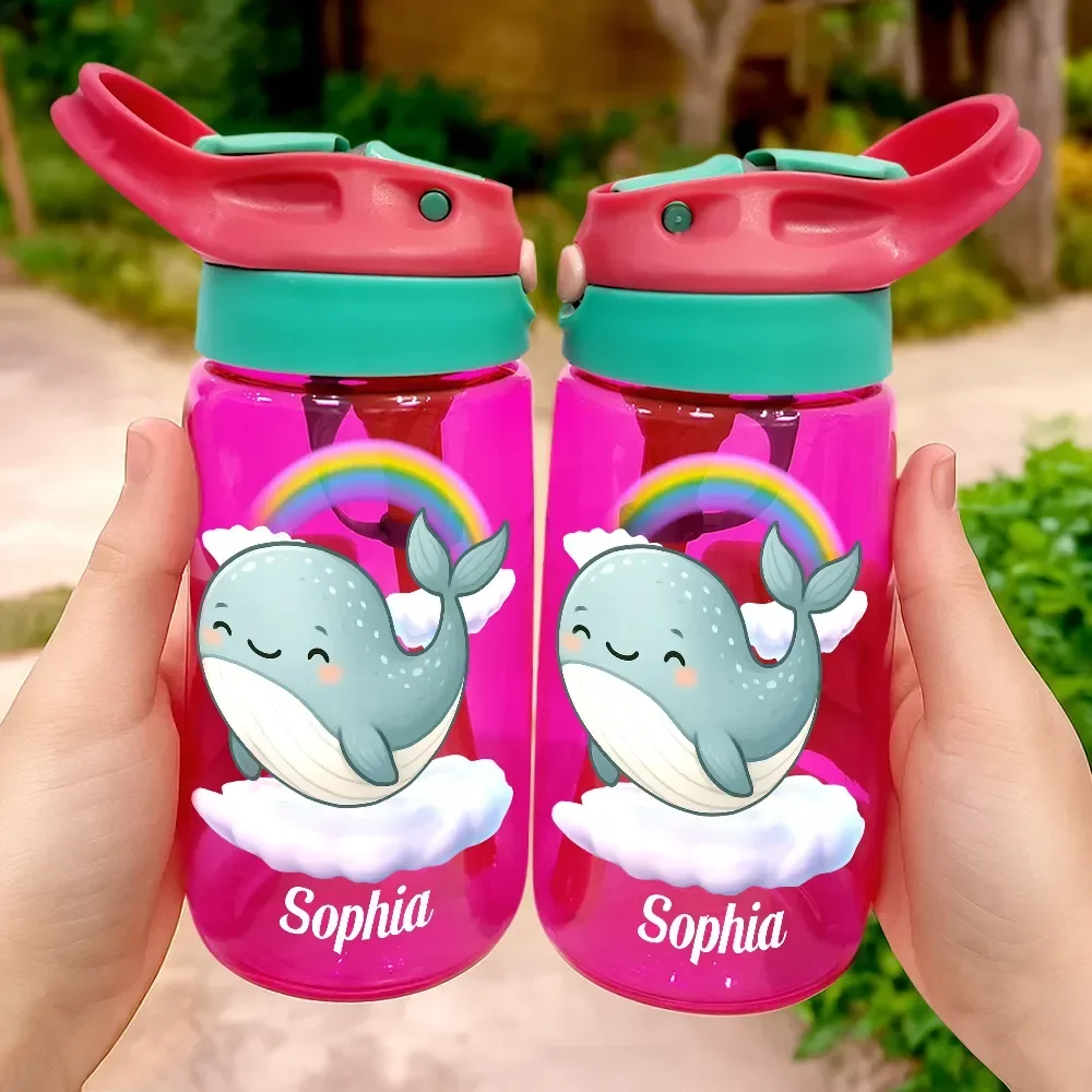 Gift For Kids,Gift For Grandkids,Happy,Back To School - Animal With Kid's Name - Personalized Kids Water Bottle With Straw