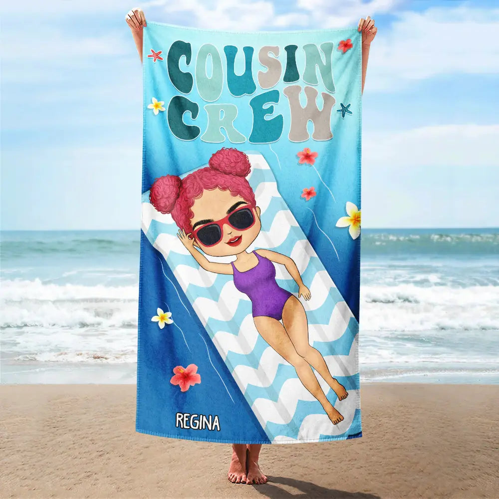Retro Cousin Crew Chibi Sister Brother - Personalized Beach Towel