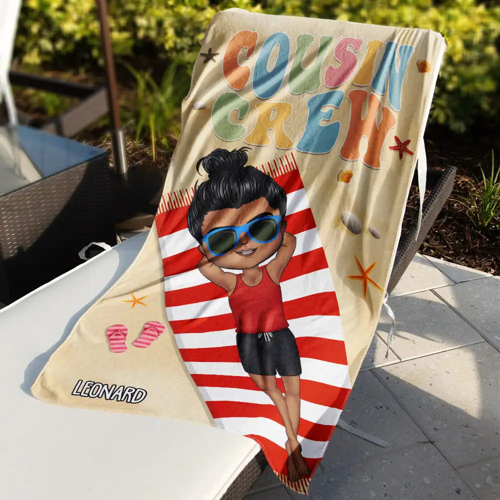 Retro Cousin Crew Chibi Sister Brother - Personalized Beach Towel