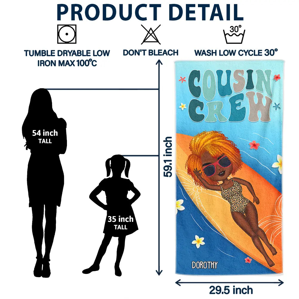 Retro Cousin Crew Chibi Sister Brother - Personalized Beach Towel