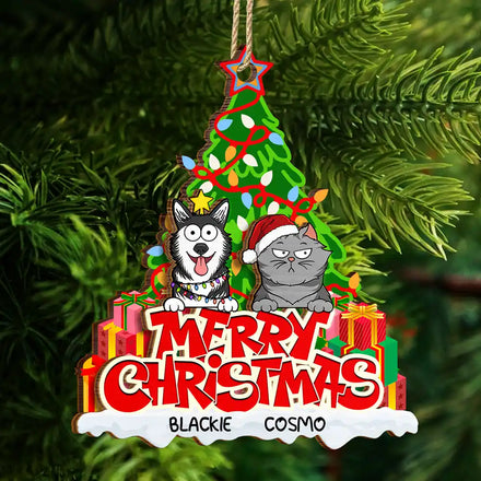 Merry Christmas Funny Cartoon Dog Cat - Personalized 2-Layered Wooden Ornament