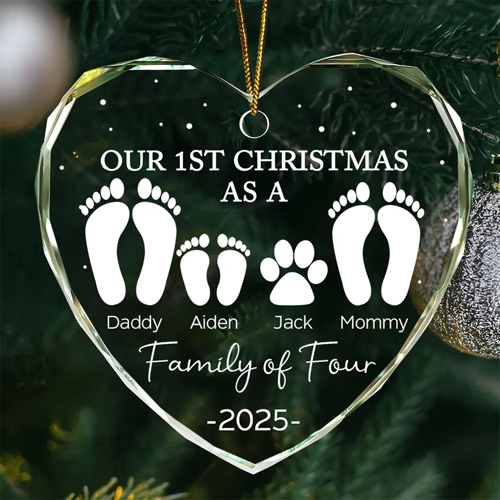 Christmas,Happy,Family,Parents,Gift For Sibling - First Christmas As A Family Of Four Footprints - Personalized Heart Shaped Glass Ornament