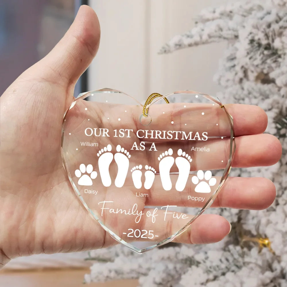 Christmas,Happy,Family,Parents,Gift For Sibling - First Christmas As A Family Of Four Footprints - Personalized Heart Shaped Glass Ornament