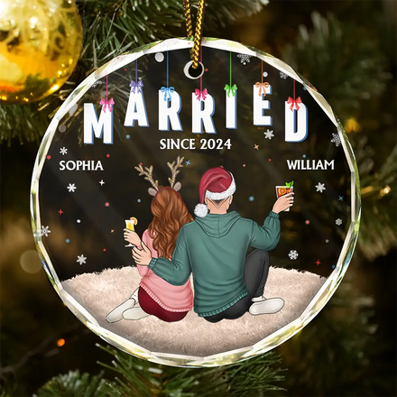 Couples Together Engaged Married - Personalized Circle Glass Ornament