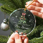 Mistletoe Our First Christmas Engaged - Personalized Circle Glass Ornament