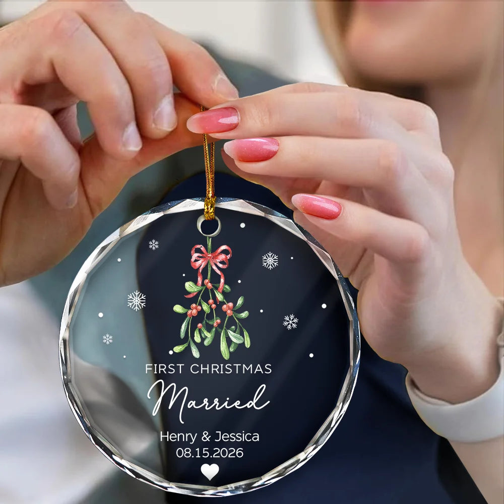 Mistletoe Our First Christmas Engaged - Personalized Circle Glass Ornament