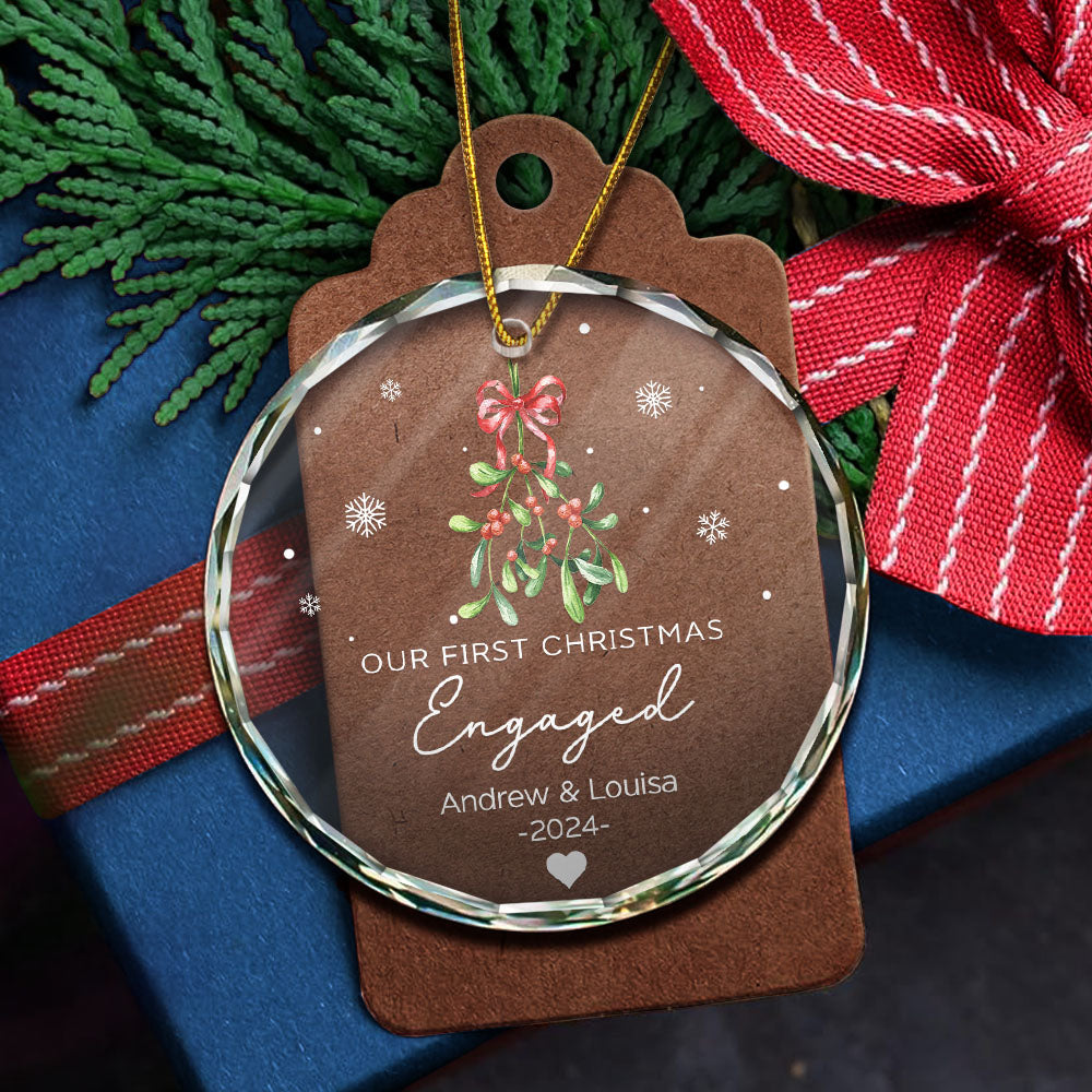 Mistletoe Our First Christmas Engaged - Personalized Circle Glass Ornament