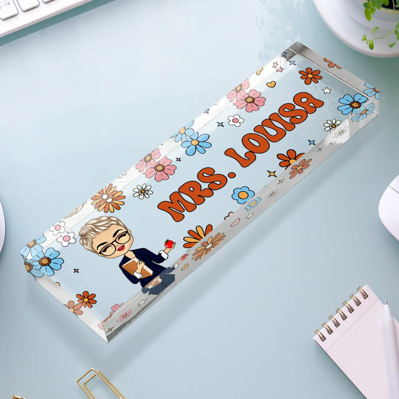 Gift For Bestie,Gift For Sisters,Gifts For Colleagues,Happy - Teacher Floral Pattern - Personalized Desk Name Plate