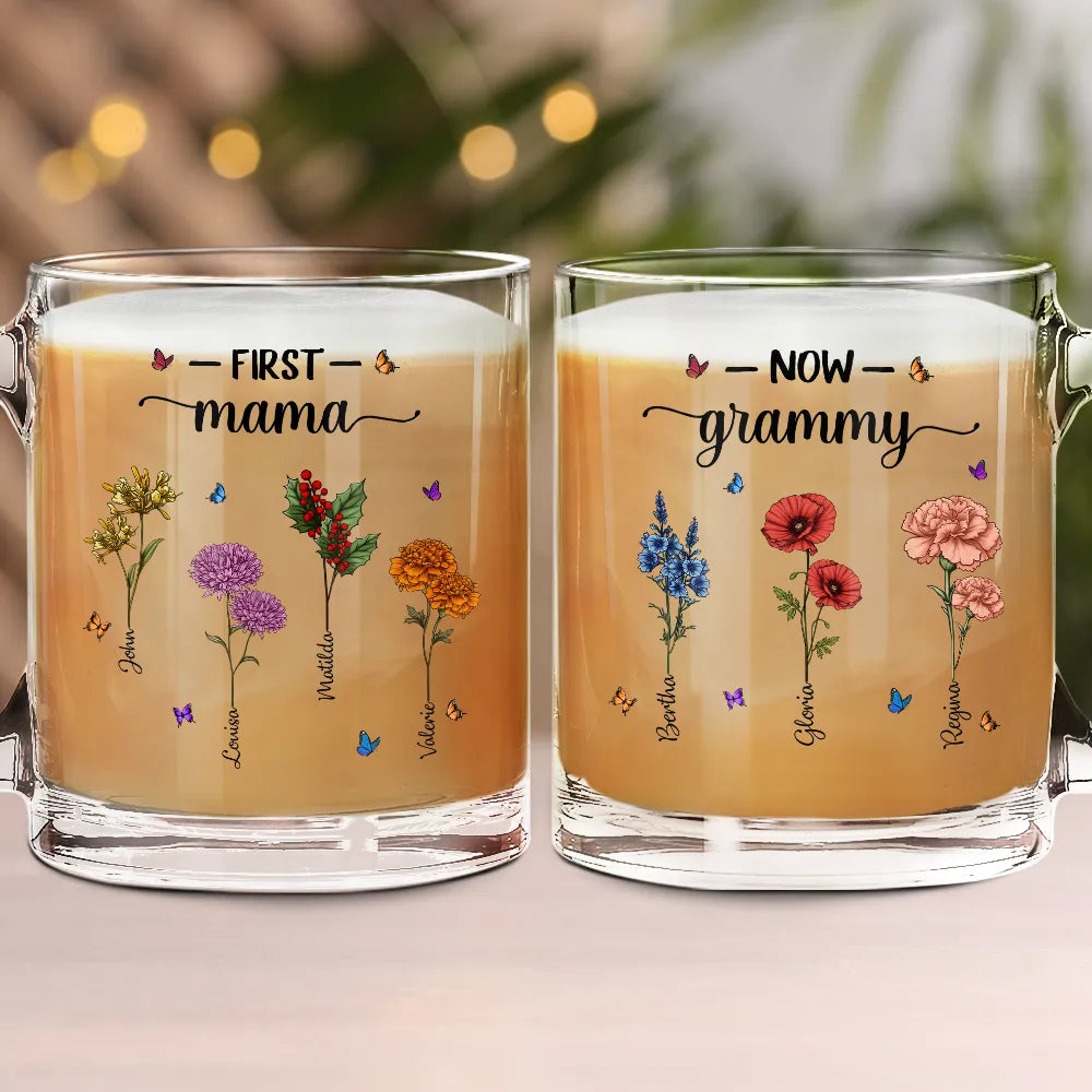 Gift For Mother,Gift For Grandma,Happy - First Mom Now Grandma Birth Flowers - Personalized Glass Mug