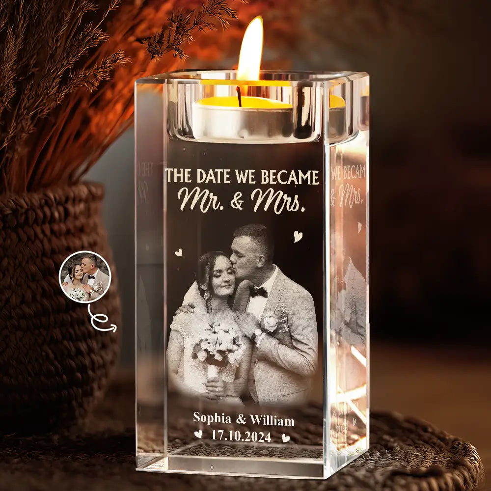 Gift For Couples,Gift For Husband,Gift For Wife,Gift For Boyfriend,Gift For Girlfriend,Love,Wedding - Custom Photo The Date We Became Mr. & Mrs. - Personalized Crystal Candle Holder