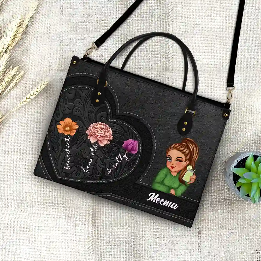 Gift For Grandma,Gift For Mother,Love - Grandma Birth Month Flowers Kids - Personalized Leather Bag
