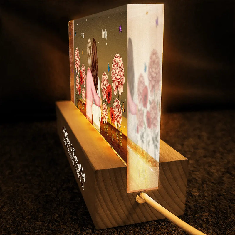 Gift For Mother, Mom - Daughters (Adult), Love, Gift For Daughter - Mother & Daughter Forever Linked Together Birth Flower Garden - Personalized Rectangle LED Light