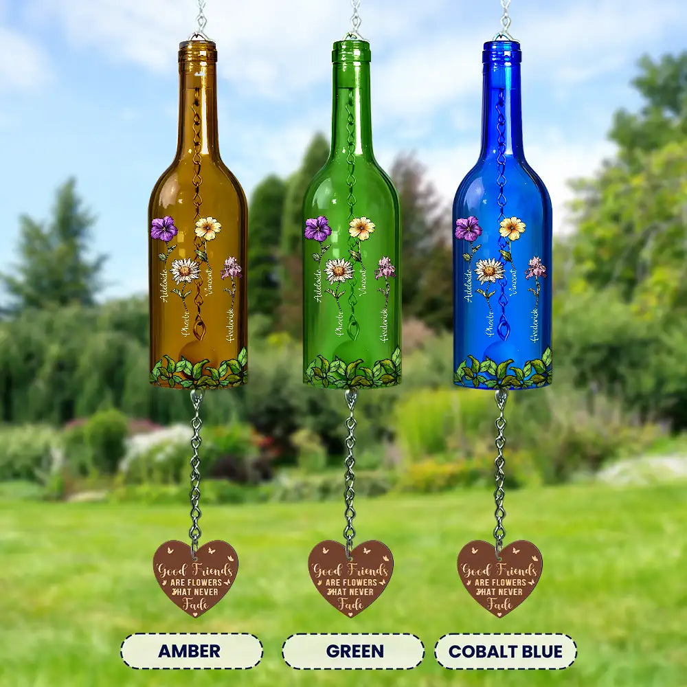 Gift For Bestie,Gift For Sisters,Happy - Sisters Different Flowers From The Same Garden - Personalized Wine Bottle Wind Chime