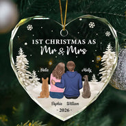 First Christmas As Mr & Mrs Dog Cat - Personalized Heart Shaped Glass Ornament