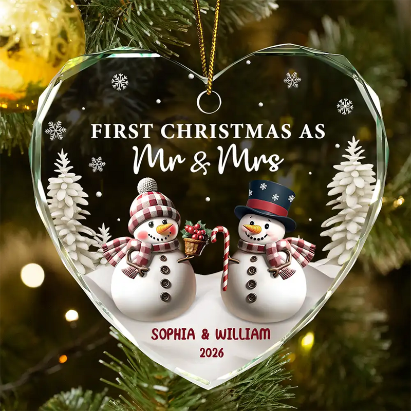 First Christmas As Mr & Mrs Snowman - Personalized Heart Shaped Glass Ornament