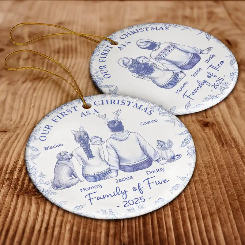 Christmas,Family,Dog Lovers,Cat Lovers,Pet Lovers,Parents,Happy,New Dad,New baby,New Mom - First Christmas As A Family Of Three New Parents Toile - Personalized Circle Ceramic Ornament
