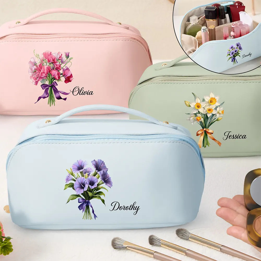 Birth Flower Bouquet - Personalized Leather Makeup Bag