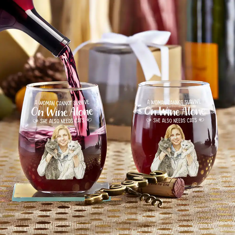 Happy,Dog Lovers,Pet Lovers,Cat Lovers,Dog Mom,Dog Dad,Cat Mom,Non-Eng,Photo - Watercolor (remove BG) - Custom Photo Realistic Watercolor Art A Woman Cannot Survive On Wine Alone Dog Cat - Personalized Stemless Wine Glass