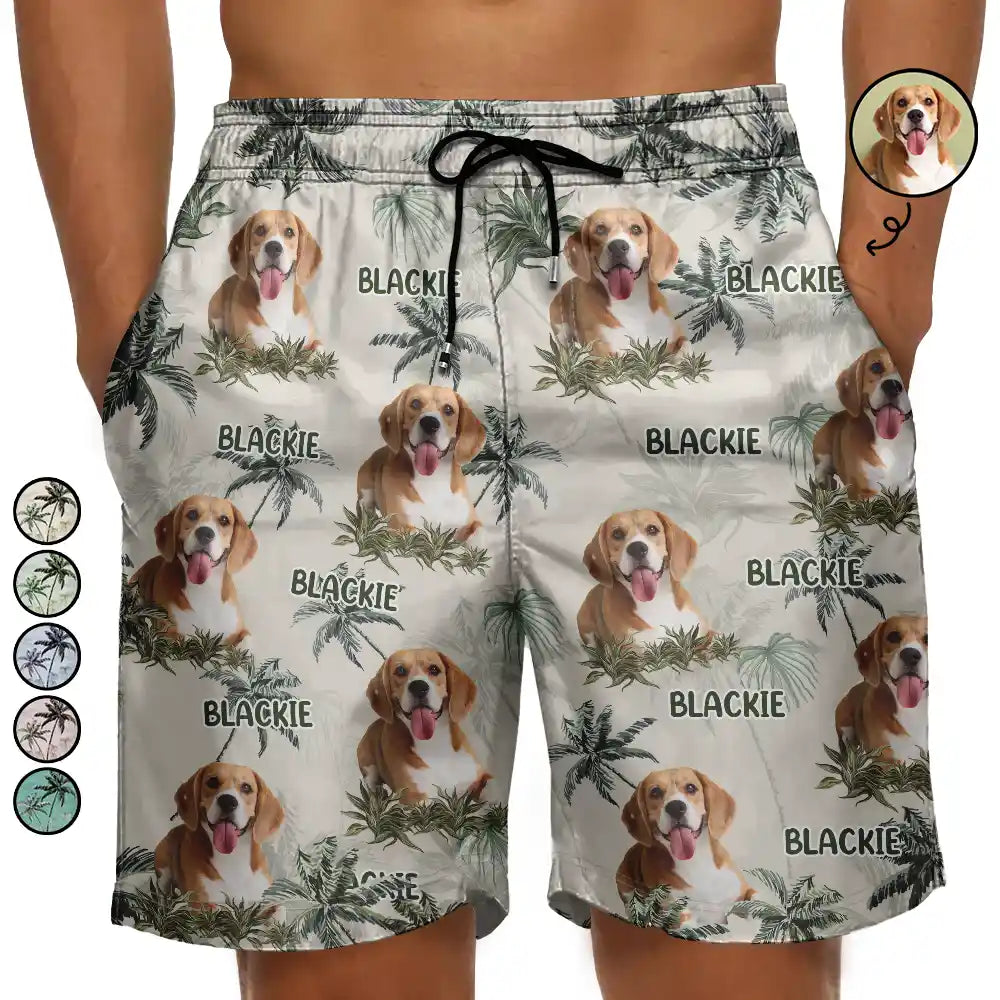 Gift For Husband,Gift For Yourself,Gift For Men,Gift For Father,Gift For Grandpa,Dog Lovers,Pet Lovers,Cat Lovers,Dog Dad,Cat Dad,Pet Dad,Summer,Non-Eng,Photo,Playful - Custom Photo Tropical Palm Dog Cat Kid - Personalized Unisex Beach Shorts