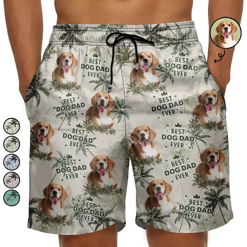 Gift For Husband,Gift For Yourself,Gift For Men,Gift For Father,Gift For Grandpa,Dog Lovers,Pet Lovers,Cat Lovers,Dog Dad,Cat Dad,Pet Dad,Summer,Non-Eng,Photo,Playful - Custom Photo Best Dog Dad Ever Tropical Palm Dog Cat Kid - Personalized Unisex Beach Shorts