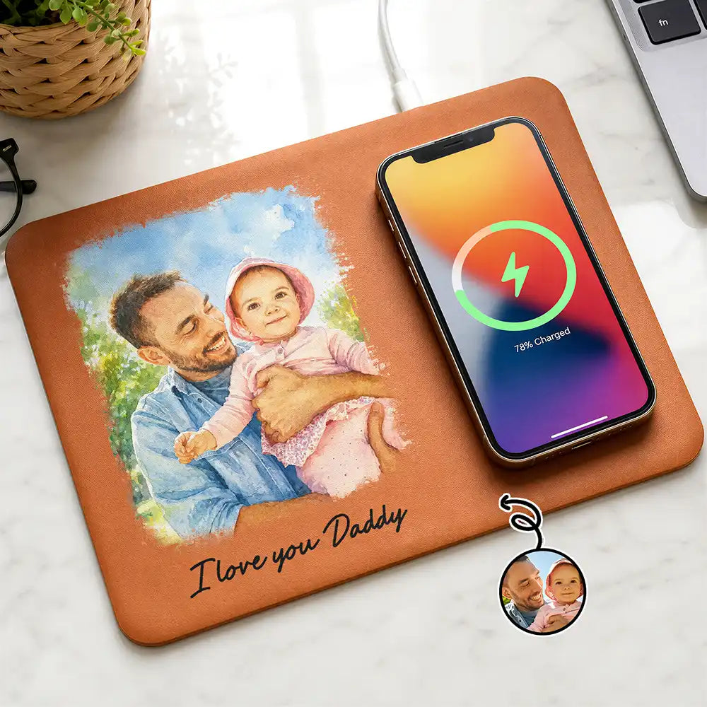 Gift For Husband,Gift For Yourself,Gift For Men,Gift For Father,Gift For Grandpa,Pet Dad,Non-Eng,Photo - Watercolor (with BG),Cozy - Custom Photo Watercolor Painting I Love You Daddy Grandpa Pet Dad - Personalized Leather Charging Mat