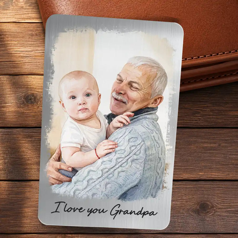 Gift For Husband,Gift For Yourself,Gift For Men,Gift For Father,Gift For Grandpa,Pet Dad,Non-Eng,Photo - Watercolor (with BG),Cozy - Custom Photo Watercolor Painting I Love You Daddy Grandpa Pet Dad - Personalized Aluminum Wallet Card