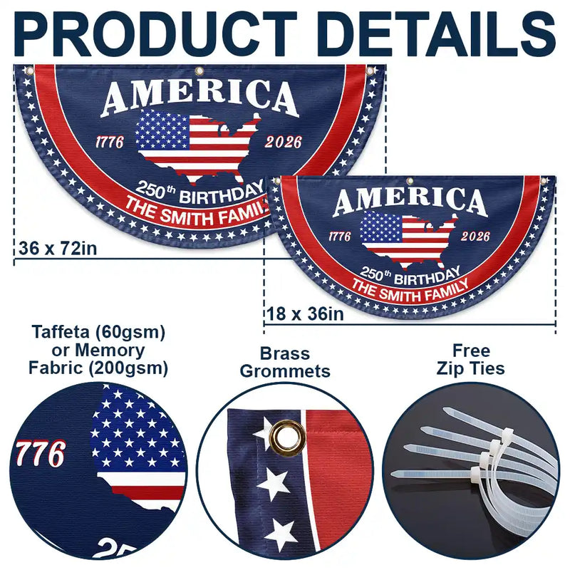 America 250th,Independence Day,Family,Proud,Custom Text - America 250th Anniversary US Semiquincentennial Birthday - Personalized Non-Pleated Fan Flag