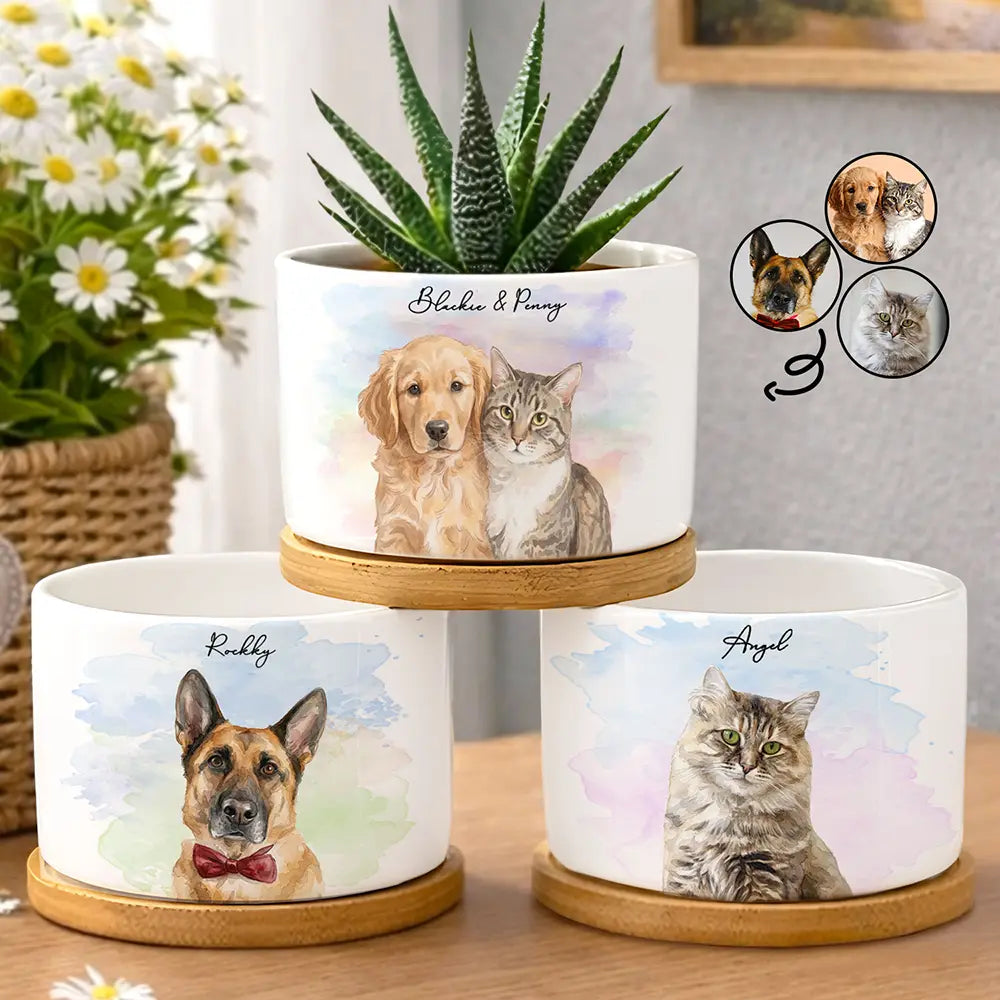 Custom Photo,Art Design,Pet Lovers,Cozy,Photo - Watercolor - Remove BG - Custom Photo Realistic Watercolor Art Portrait Cat Dog Pet - Personalized Ceramic Plant Pot