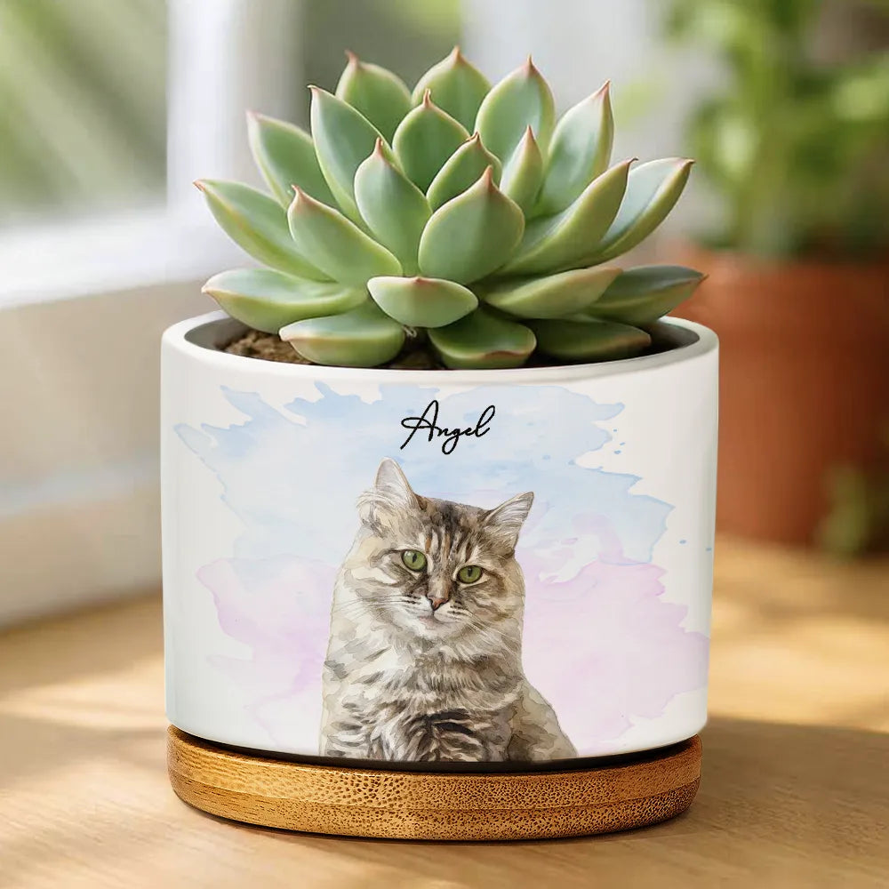 Custom Photo,Art Design,Pet Lovers,Cozy,Photo - Watercolor - Remove BG - Custom Photo Realistic Watercolor Art Portrait Cat Dog Pet - Personalized Ceramic Plant Pot