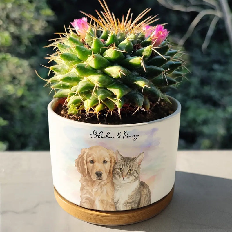 Custom Photo,Art Design,Pet Lovers,Cozy,Photo - Watercolor - Remove BG - Custom Photo Realistic Watercolor Art Portrait Cat Dog Pet - Personalized Ceramic Plant Pot