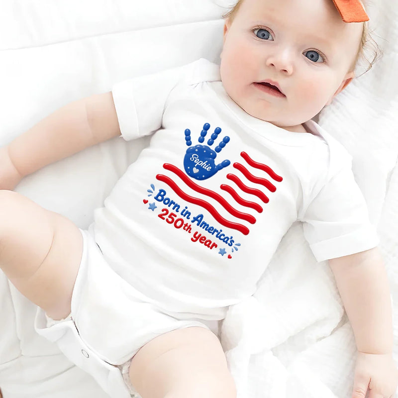 Gift For Baby,America 250th,Independence Day,Top Market,Adorable,Custom Text - Born In America's 250th Year - Personalized Baby Onesie