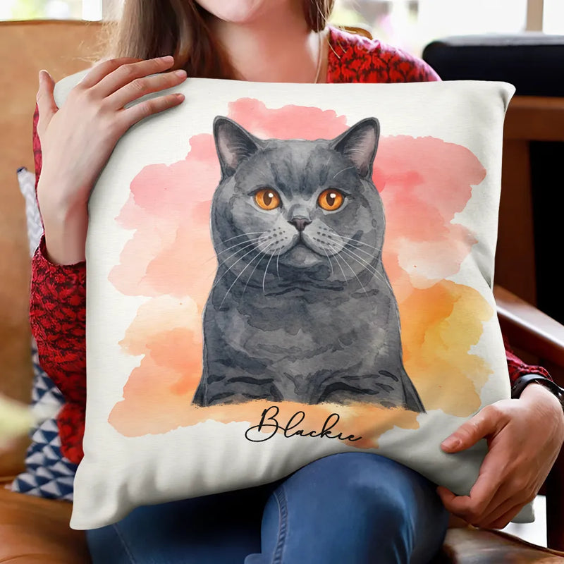 Custom Photo, Art Design, Pet Lovers, Cozy, Photo - Watercolor - Remove BG - Custom Photo Realistic Watercolor Art Portrait Cat Dog Pet - Personalized Pillow