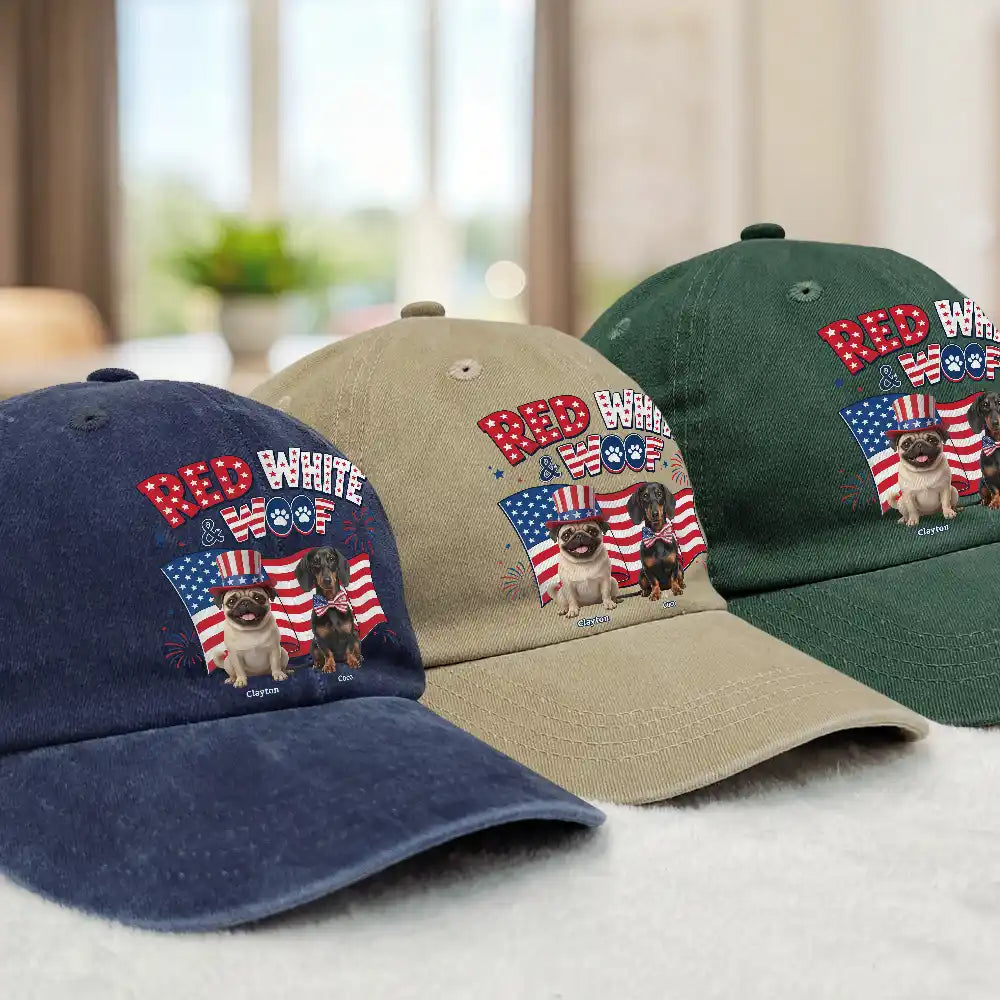 America 250th,Custom Photo,Independence Day,Art Design,Pet Lovers,Playful,Photo - US Theme Accessories 3D Cartoon - Custom Photo 3D Cartoon With US Accessories Red White Woof - Personalized Vintage Washed Denim Cap