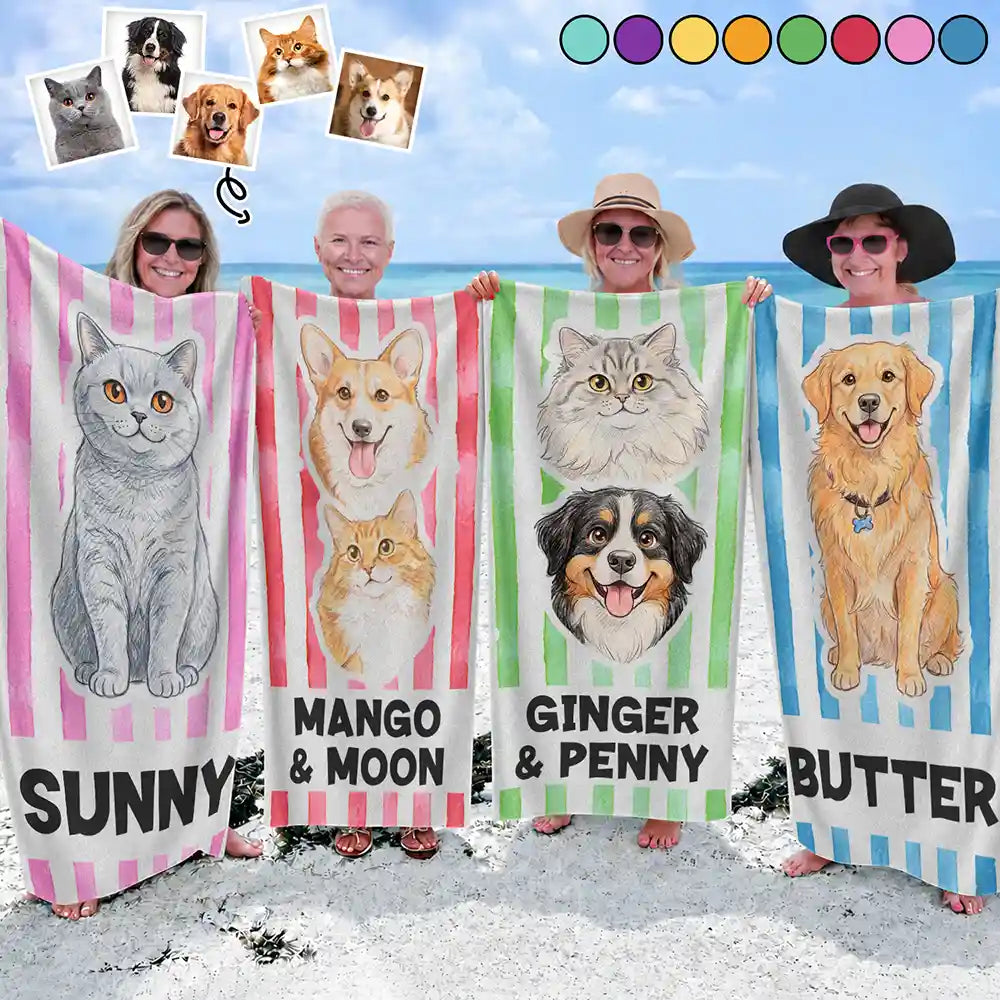 Custom Photo, Beach, Art Design, Summer, Pet Lovers, Playful, Photo - Colored Pencil - Custom Photo Colored Pencil Sketch Poolside Beach Vacation Dog Cat - Personalized Beach Towel