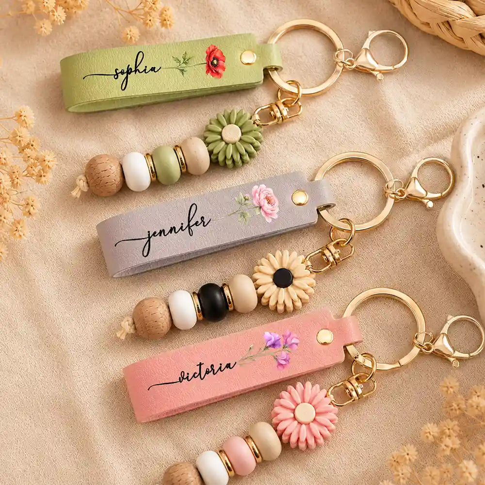 Confident, Icon - Birth Month Flower With Name - Personalized Leather Beaded Keychain