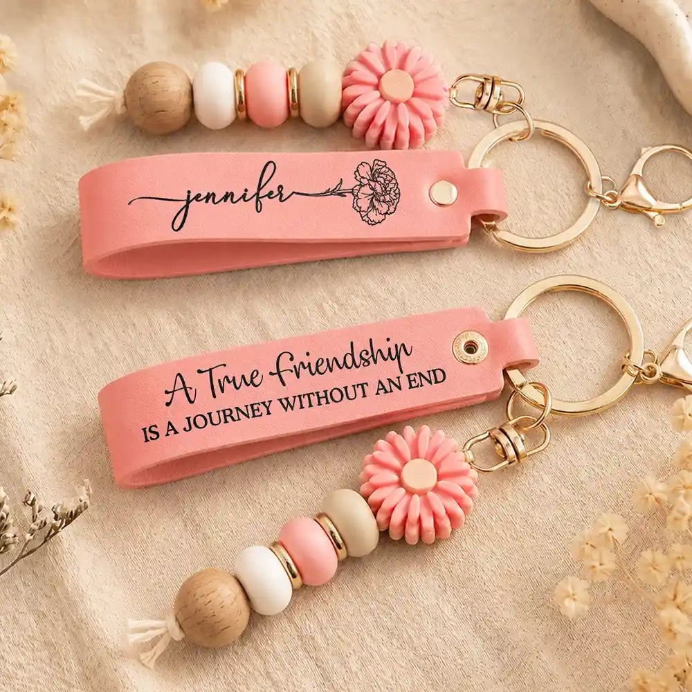 Sentimental, Icon - A True Friendship Is A Journey Without An End - Personalized Leather Beaded Keychain