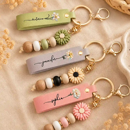 Nacre Effect Birth Flower With Name - Personalized Leather Beaded Keychain