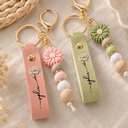 Confident, Icon - Nacre Effect Birth Flower With Name - Personalized Leather Beaded Keychain