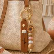 Confident, Icon - Nacre Effect Birth Flower With Name - Personalized Leather Beaded Keychain