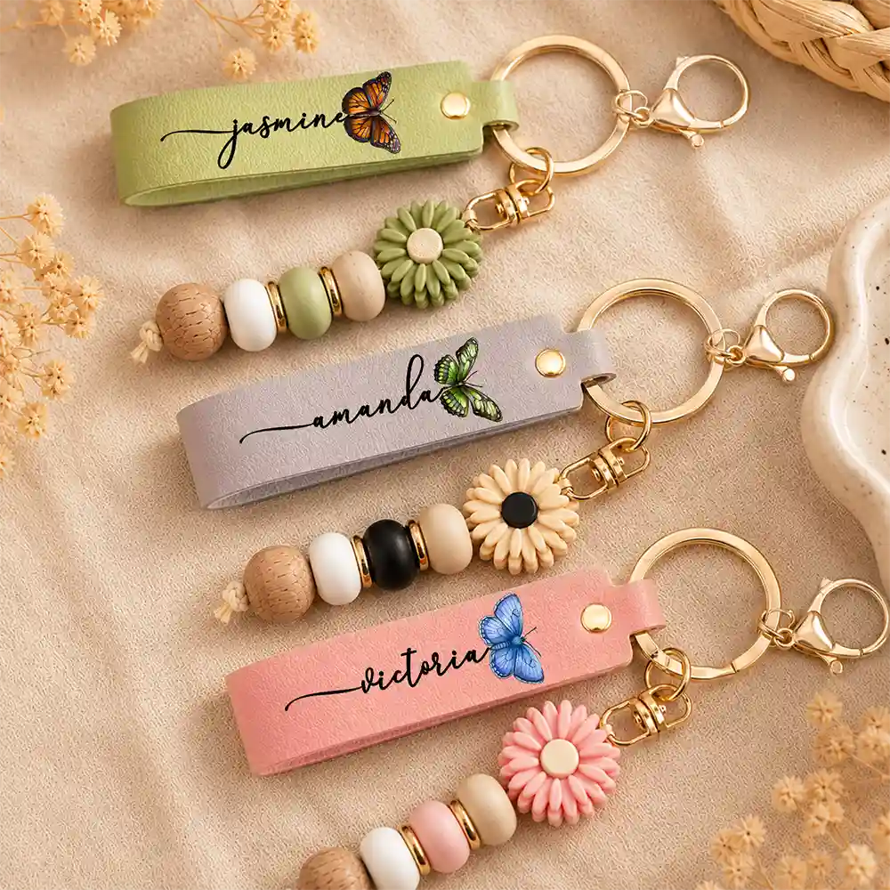 Confident, Icon - Colorful Butterflies And Name - Personalized Leather Beaded Keychain
