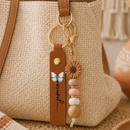 Confident, Icon - Colorful Butterflies And Name - Personalized Leather Beaded Keychain